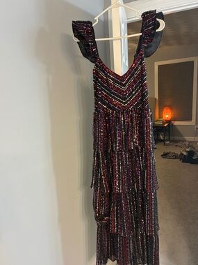 SAYLOR Black Midi Dress with Multicolor Sequin Stripes